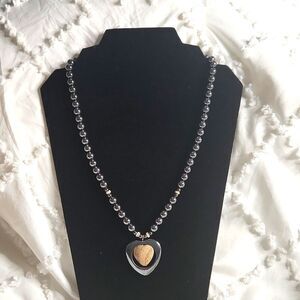 Elegant Silver-Tone Beaded Heart Pendant Necklace